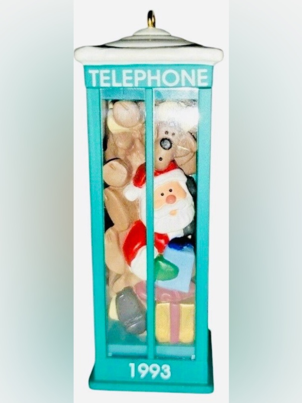 1993 Room for one More Reindeer Quartet Teal Telephone Booth Ornament with Santa